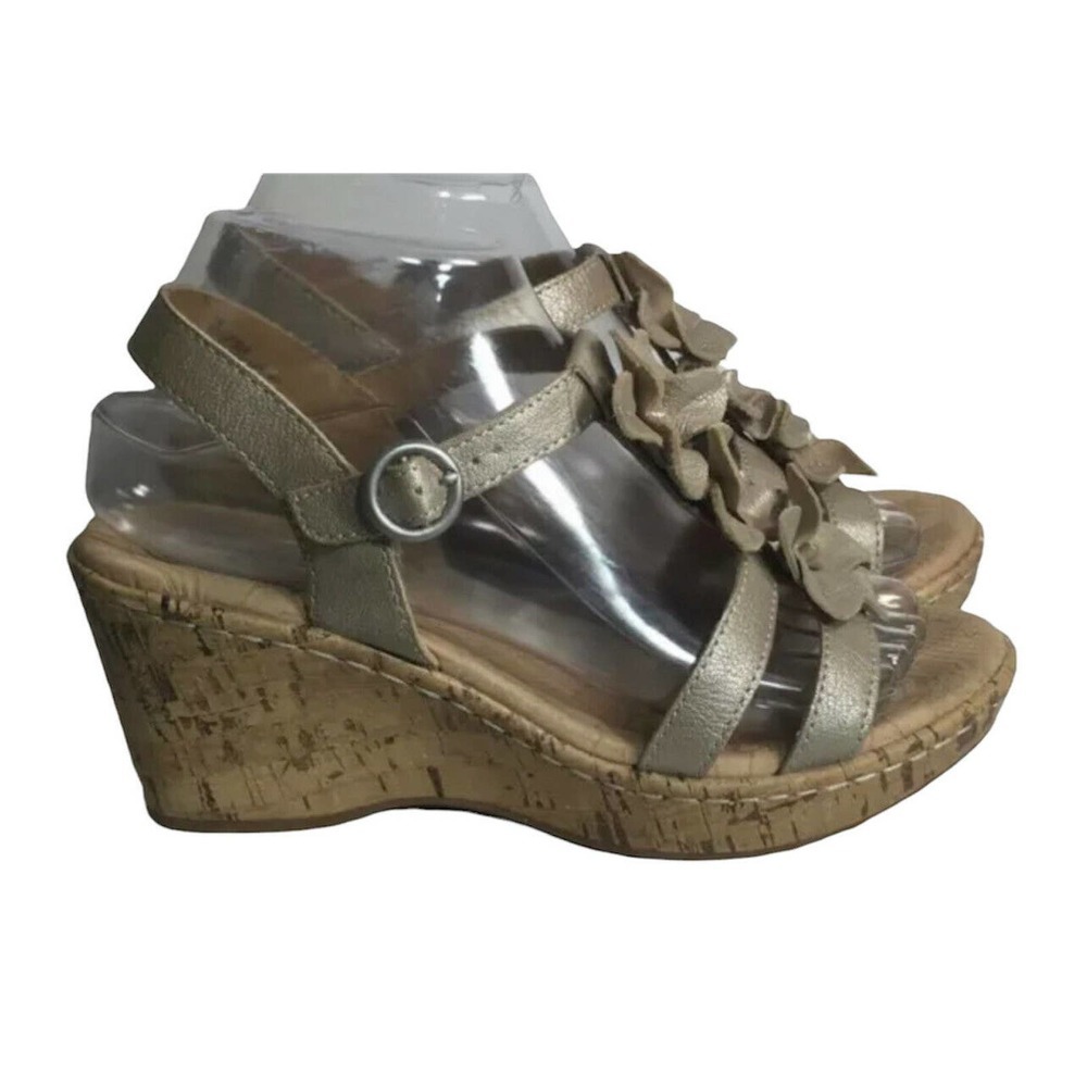Womens Browns Landing Sicily Champagne Gold Leather Flower Cork Wedge Sandals 7M